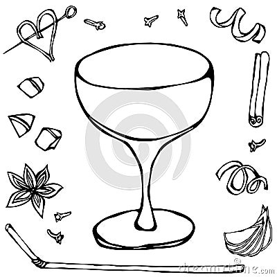 wine Saucer Cocktail Glass. Hand Drawn Vector illustration. Vector Illustration