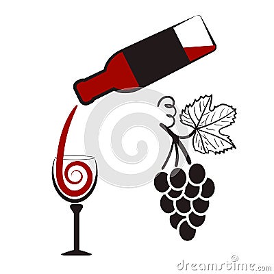 Wine set. Bottle of wine, wineglass and bunch of grapes. Vector Illustration