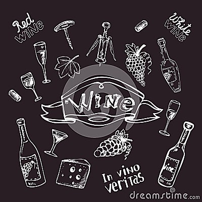 Wine set on chalk board Vector Illustration