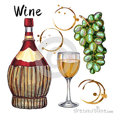 Wine set. Hand-drawn illustration of the wine bottle Cartoon Illustration