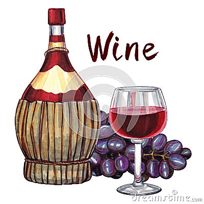 Wine set. Hand-drawn illustration of the wine bottle Cartoon Illustration