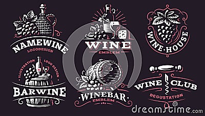 Wine set logo - vector illustrations, emblems on dark background Vector Illustration