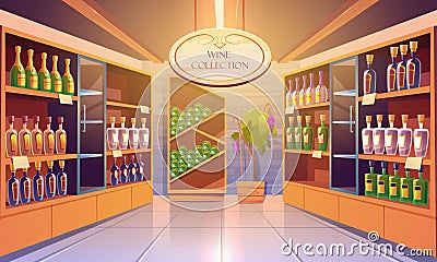 Wine shop, cellar interior with alcohol beverages Vector Illustration