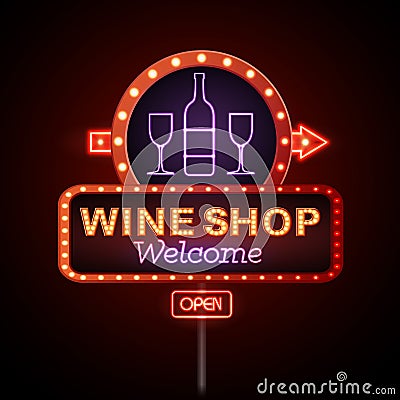 Wine shop neon sign Vector Illustration