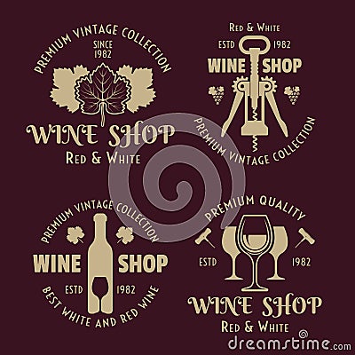 Wine shop and winery set of four vector colored emblems, labels, badges or logos in vintage style on red background Vector Illustration