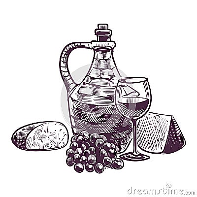 Wine sketch. Hand drawn winemaking composition, classical alcoholic drink. Bottle and glass with grape beverage, bread Vector Illustration