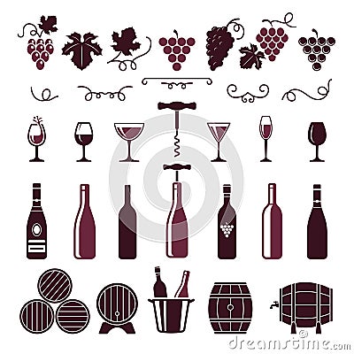 Wine symbols. Grape leaves vine tendrils bottles barrels corkscrew vector stylized pictures for labels or logo design Vector Illustration