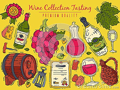 Wine taste club premium vector illustrations glass wine grape bottle. Tasting events menu. Vector alcohol drink Vector Illustration