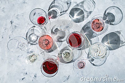 Wine tasting concept - glass with different wine on marble background Stock Photo