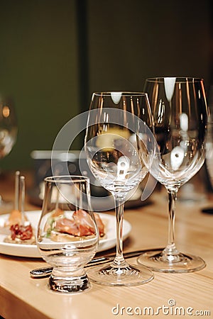 Wine tasting experience in the rustic cellar and wine bar: red wine glass and collection of excellent wines on the Stock Photo