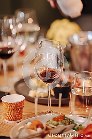 Wine tasting experience in the rustic cellar and wine bar: red wine glass and collection of excellent wines on the Stock Photo