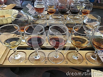 Wine tasting. Variety of wines. Wine glasses with alcoholic beverages. Stock Photo
