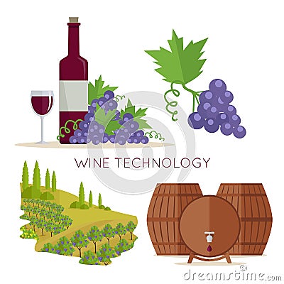 Wine Technology. Bottle of Vine, Beaker, Vineyard Vector Illustration