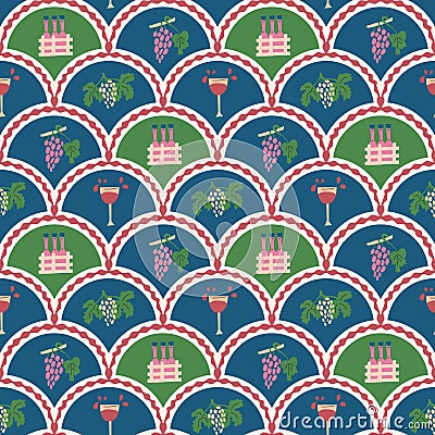 Wine-themed scallop seamless pattern. Grapes, wineglass and bottles into box arch repeat background. Retro endless design. Vector Vector Illustration