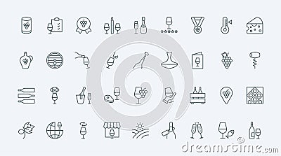 Wine thin line icons set, storage and tasting of grape wine, winery and cellar barrel Vector Illustration