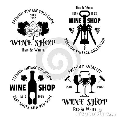 Wine and winery set of vector emblems, labels, badges or logos in vintage style isolated on white background Vector Illustration