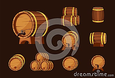 Wine wooden barrels set. Oak plank containers with taps and plugs brown containers for storing liquids convenient Vector Illustration