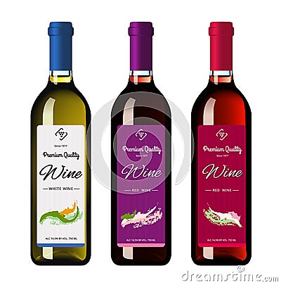 Wine bottles with labels, made in a realistic style on a white background. Three bottles. Vector Illustration