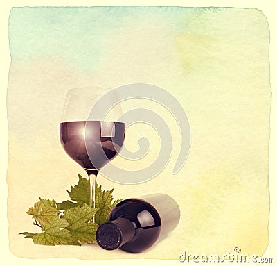 Wineglass, bottle of wine and grapes leaf. Stock Photo