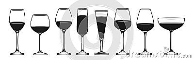 Wineglass different types sign icon set glasses sparkling wine champagne alcohol beverages shapes Vector Illustration