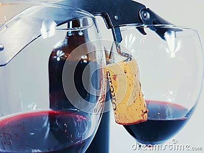 Wineglass redwine cup cork corkscrew bottle drink alkohol Stock Photo