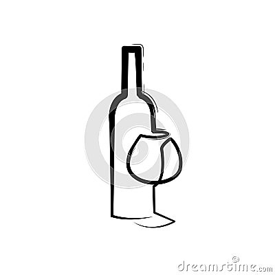 Wineglass vector icon paint brush effect. Continuous one line drawn a bottle of wine and a glass. Linear style sign for Vector Illustration