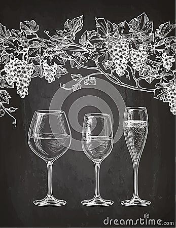 Wineglasses and grape vine on chalkboard Vector Illustration