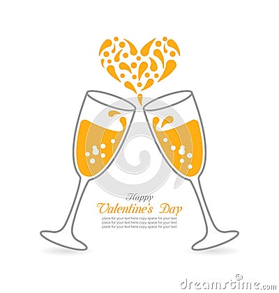Wineglasses of Sparkling Champagne Happy Valentines Day Vector Illustration