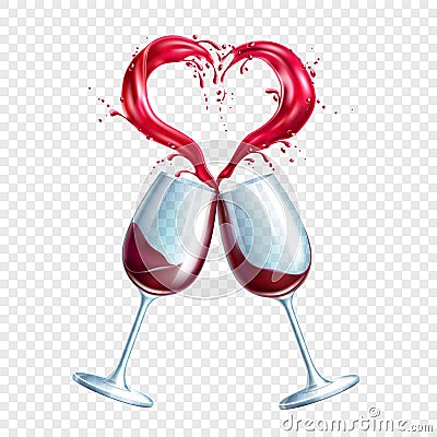 Vector wine glasses toasting heart shape splash Vector Illustration