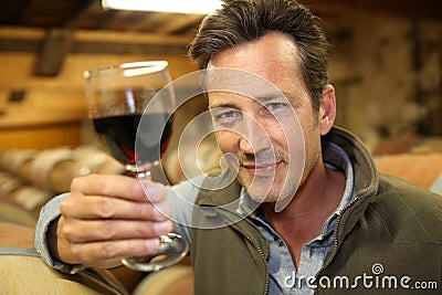 Winegrower holding glass of wine in cellar Stock Photo