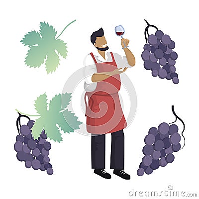 Winemaker is holding glass of red wine and checks it. Vine, leaves and a bunch of black berries Vector Illustration