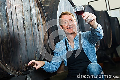 Winemaker holding glass of wine in cellar. Stock Photo