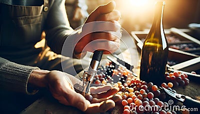 Winemaker using refractometer to measure grape sugar levels Stock Photo