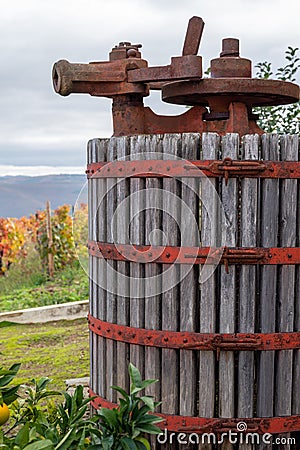 Winemaking in oldest wine region in world Douro valley in Portugal, old wine press, production of red, white and port wine Stock Photo