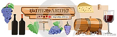 Winemaking. Vector. Set of items for the production of wine: barrel, grape, glass, bottle, corkscrew, cork. Cheese. Cartoons flat Vector Illustration