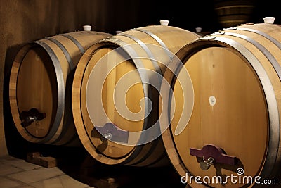 oak vintage wine cask barrel storage alcohol drink cellar winery. Generative AI. Stock Photo