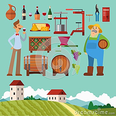 Winery making harvest cellar vineyard glass beverage industry alcohol production vector illustration Vector Illustration