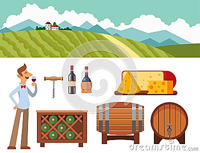 Winery making harvest cellar vineyard glass beverage industry alcohol production vector illustration Vector Illustration