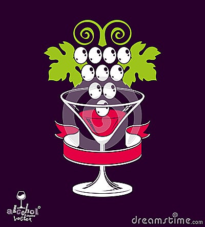 Winery theme vector illustration. Stylized half full martini glass with grapes vine placed over dark Vector Illustration