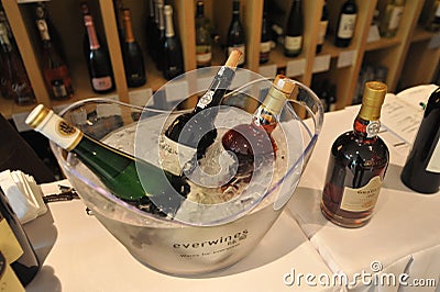 Wines of different brands neatly arranged in wine fairs Editorial Stock Photo