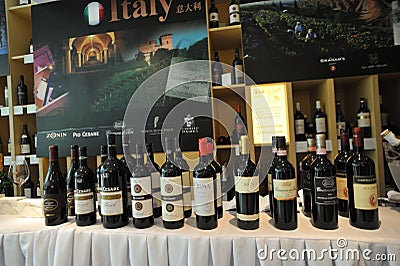 Wines of different brands neatly arranged in wine fairs Editorial Stock Photo