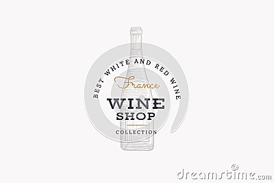 Wines of France. Vector logo of wine store with bottle of champagne on white background. Vector Illustration