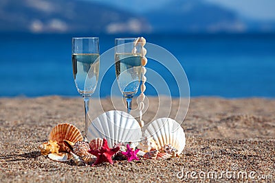 Wines glasses,shells,starfishes Stock Photo