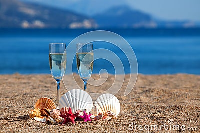 Wines glasses,shells,starfishes Stock Photo