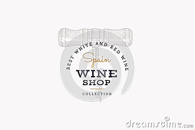 Wines of Spain. Vector logo wine shop with image corkscrew on light background. Vector Illustration