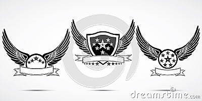 Wing abstract emblem set, logo template, badge label, icon, tattoo design Vector Illustration