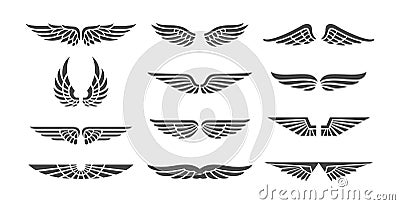 Wing badges. Eagle wings set, retro insignias, winged signs for aviation business emblems tattoos labels Vector Illustration