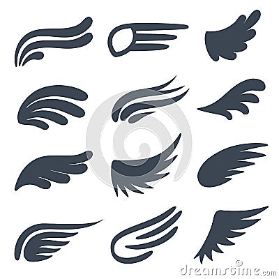 Wing icons. Different shapes of black wings emblems, birds feather heraldic symbol, vintage tattoo element. Angel logo Vector Illustration