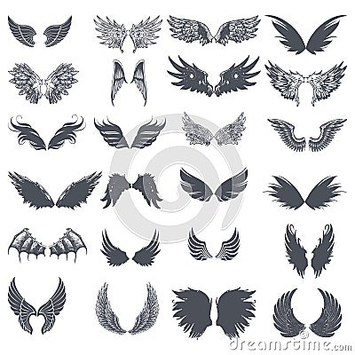 Wing icons set in simple ctyle. Birds and angel wings set collection vector illustration Cartoon Illustration