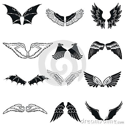 Wing icons set in simple ctyle. Birds and angel wings set collection vector illustration Stock Photo